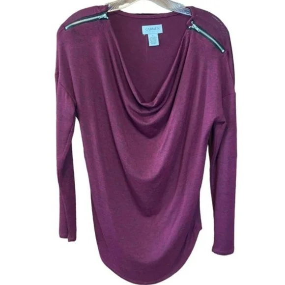 Carmen Marc Valvo Plum Purple Drape Neck Zippered Soft KnitTop size S - Picture 2 of 4